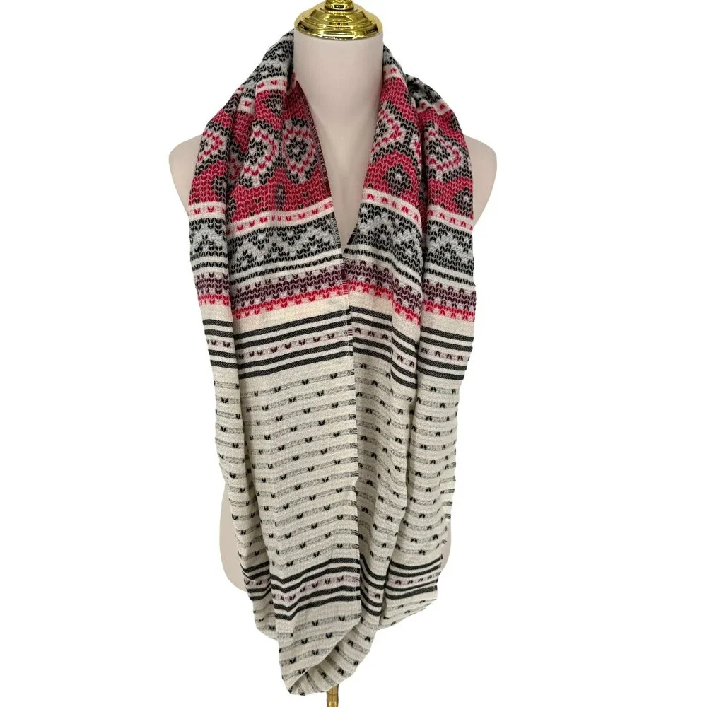 J. Jill Infinity Scarf Fair Isle Jacquard Cream Fringe Boho Wrap Knit Cozy NWT